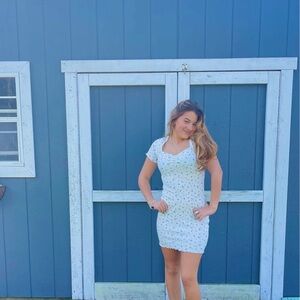 White and Blue V-Neck Bodycon Mini Dress for Wedding Guest